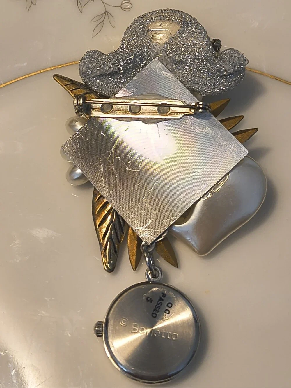 Vtg 80s Art Deco Silver Tone Lady Bonetto Watch Brooch Multicolor W/ Rhinestones